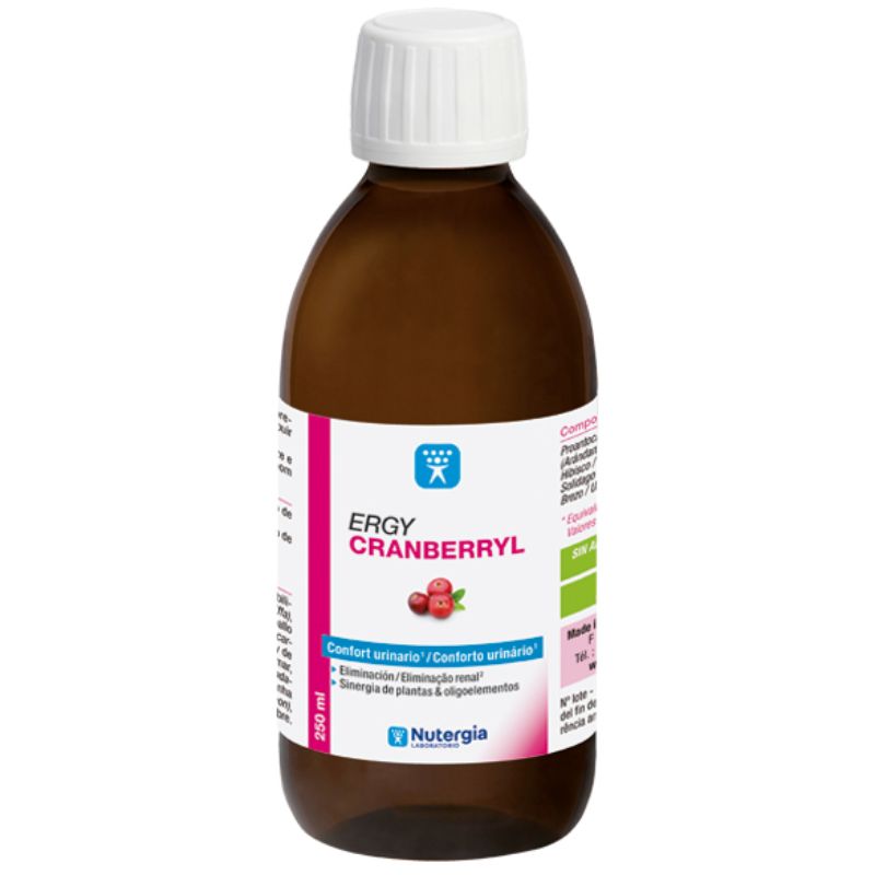 Frasco castanho de 250 ml de ERGYCRANBERRYL Nutergia, suplemento líquido para conforto urinário, com tampa branca e rótulo branco, rosa e verde.