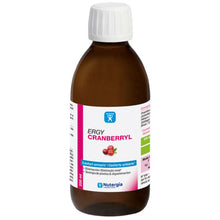 Frasco castanho de 250 ml de ERGYCRANBERRYL Nutergia, suplemento líquido para conforto urinário, com tampa branca e rótulo branco, rosa e verde.