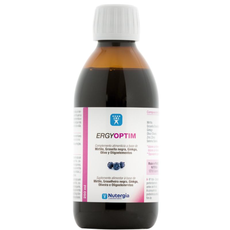 Frasco âmbar de 250 ml de ERGYOPTIM Nutergia, suplemento alimentar líquido com tampa branca e rótulo branco com detalhes rosa e imagem de mirtilos.