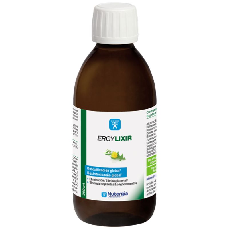 Frasco de vidro âmbar ERGYLIXIR Nutergia de 250 ml, com tampa branca e rótulo branco, verde e azul.