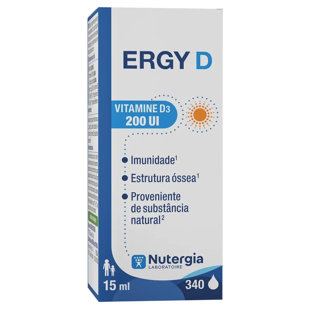 ERGY D Nutergia vitamina D3 natural em gotas para sistema imunitário, ossos e função muscular.