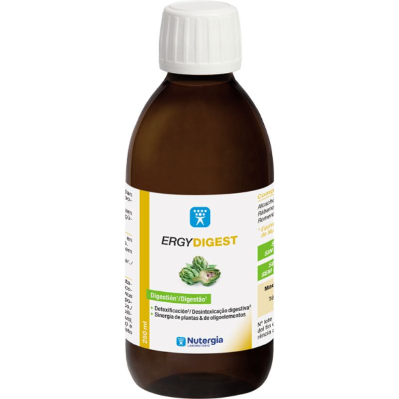 Frasco de vidro âmbar de ERGYDIGEST Nutergia, solução líquida de 250 ml, com tampa branca e rótulo branco, amarelo e verde.