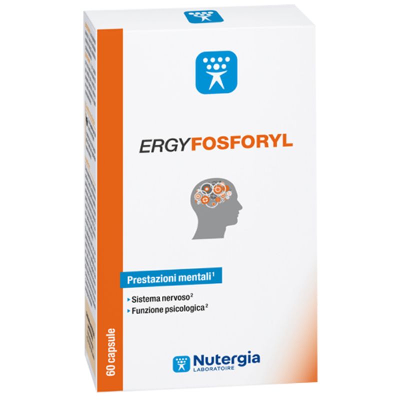 Embalagem branca de ERGYFOSFORYL da Nutergia, com faixa lateral laranja, ilustração de cabeça e indicação de 60 cápsulas.