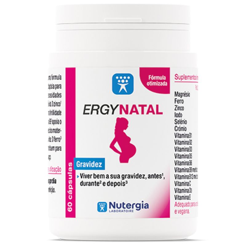 Boião branco de ERGYNATAL Nutergia com 60 cápsulas, rótulo branco e rosa com silhueta de mulher grávida.
