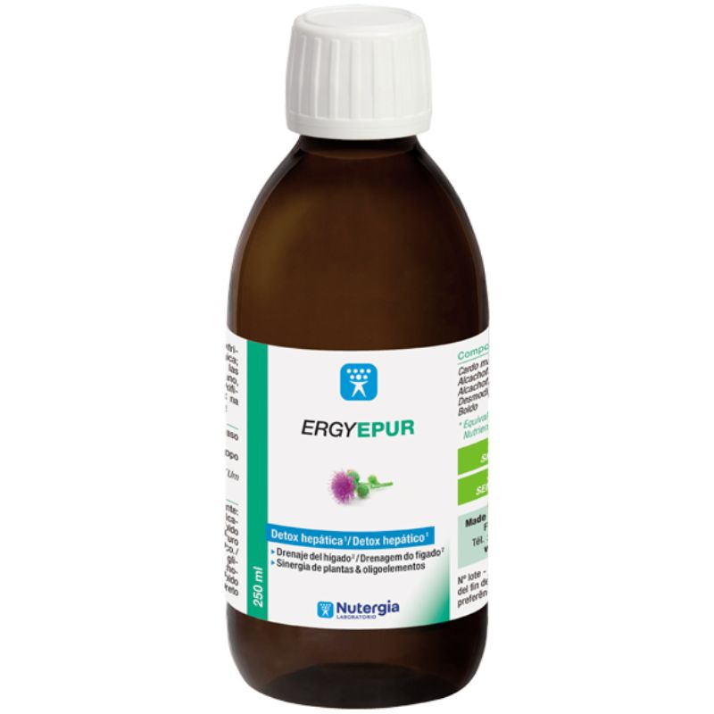 Frasco castanho de 250 ml de ERGYEPUR, com tampa branca e rótulo branco, verde e azul.