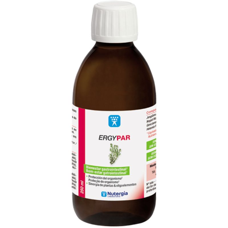 Frasco âmbar de ERGYPAR Nutergia, suplemento líquido de 250 ml, com tampa branca e rótulo branco, verde e rosa.