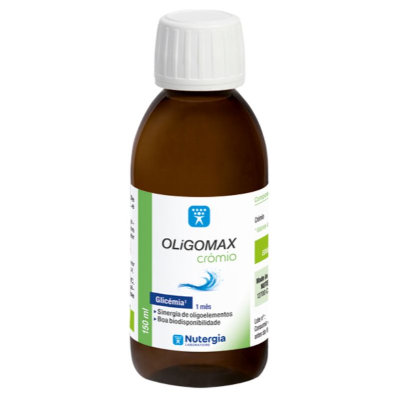 Frasco castanho de 150 ml de OLiGOMAX Crómio, com tampa branca e rótulo branco, verde e azul.