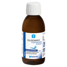 Frasco castanho de 150 ml de Oligomax Manganês e Cobre, com tampa branca e rótulo branco e azul da Nutergia.