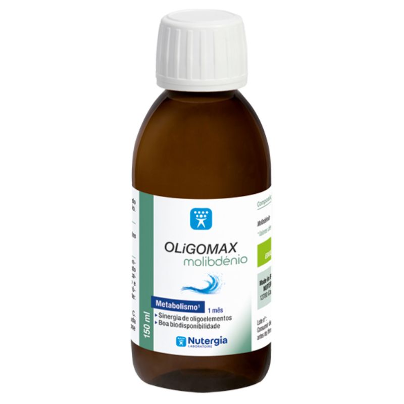 Frasco de vidro castanho de 150 ml de OLiGOMAX Molibdénio, com tampa branca e rótulo branco e verde.