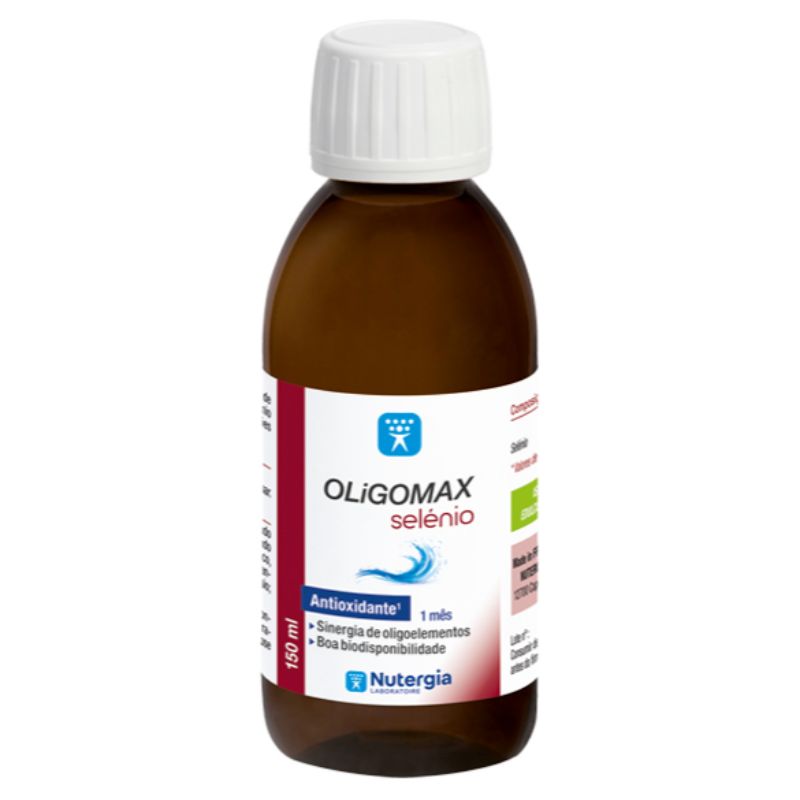 Frasco castanho de 150 ml de OLiGOMAX Selénio, com tampa branca e rótulo branco, vermelho e azul.