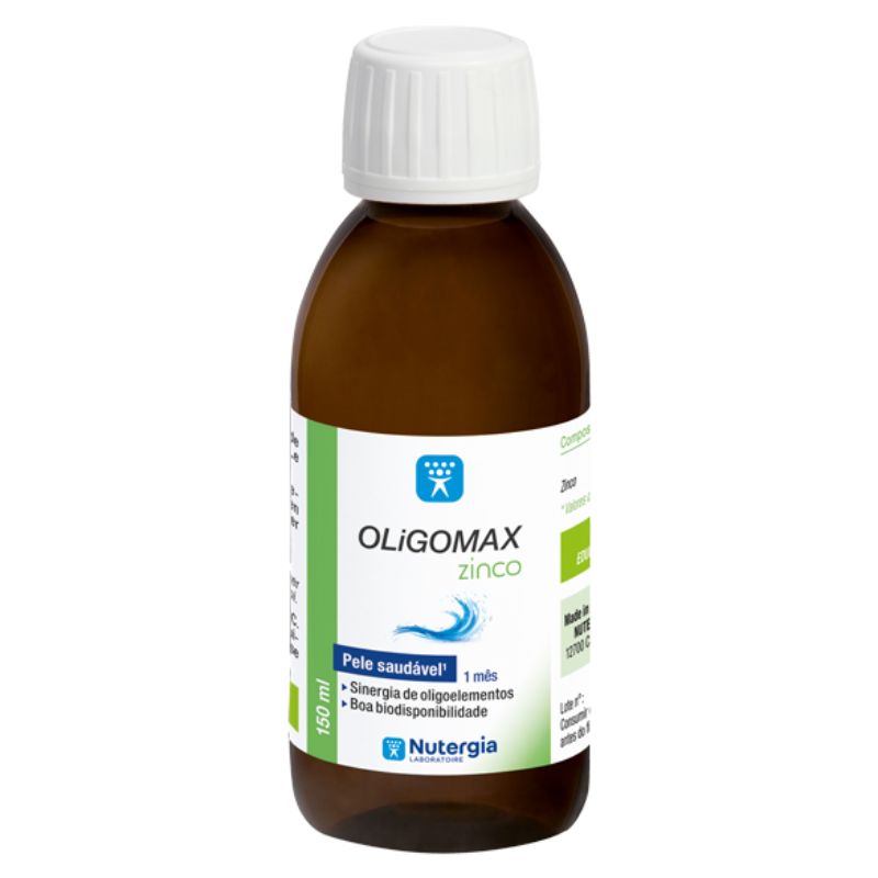 Frasco âmbar de 150 ml de OLiGOMAX Zinco Nutergia, com tampa branca e rótulo branco e verde.