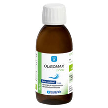 Frasco âmbar de 150 ml de OLiGOMAX Zinco Nutergia, com tampa branca e rótulo branco e verde.