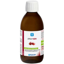 Frasco castanho de ERGYVEN Nutergia, suplemento líquido de 250 ml, com tampa branca e rótulo branco, vermelho e verde.