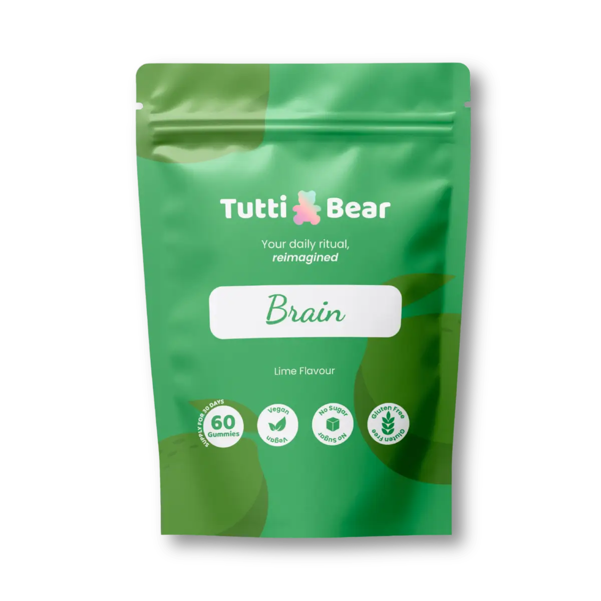 Embalagem flexível verde de Gomas Brain TuttiBear, sabor a lima, com 60 gomas vegan, sem açúcar e sem glúten.