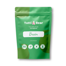 Embalagem flexível verde de Gomas Brain TuttiBear, sabor a lima, com 60 gomas vegan, sem açúcar e sem glúten.