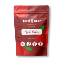 Embalagem tipo saqueta vermelha de Gomas de Vinagre de Cidra de Maçã Apple Cider TuttiBear, com 60 gomas, sabor a maçã, vegan, sem açúcar e sem glúten.