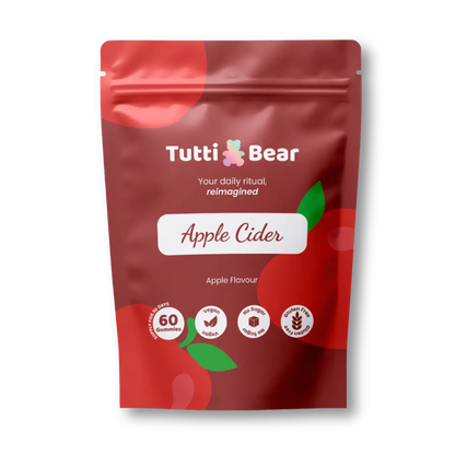Embalagem tipo saqueta vermelha de Gomas de Vinagre de Cidra de Maçã Apple Cider TuttiBear, com 60 gomas, sabor a maçã, vegan, sem açúcar e sem glúten.