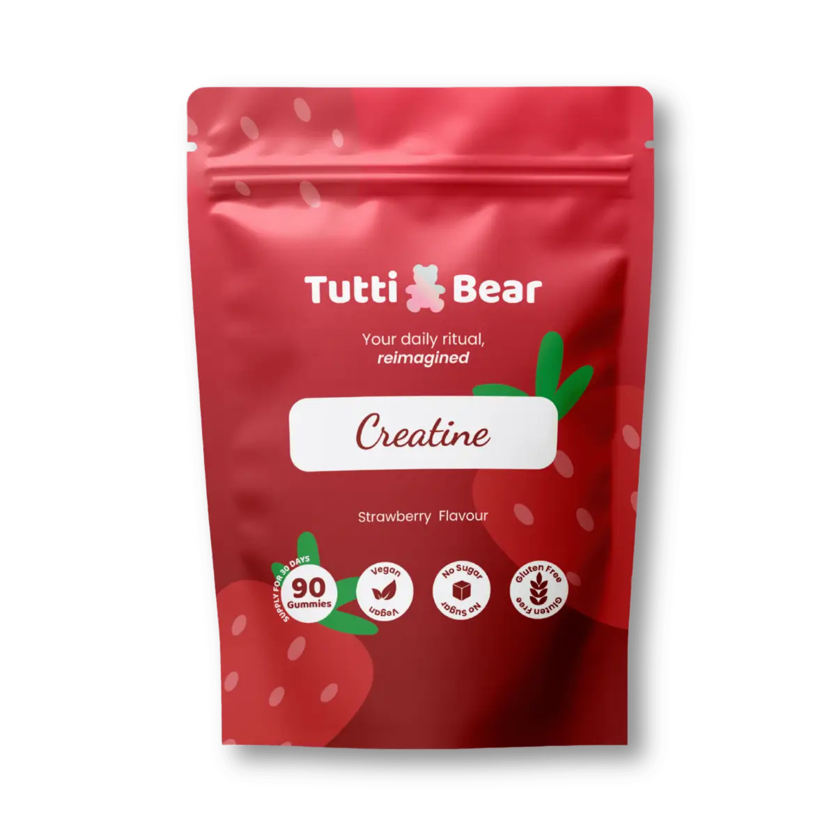 Embalagem flexível vermelha de Gomas de Creatina TuttiBear, sabor a morango, com 90 gomas, apresentada em bolsa com fecho.