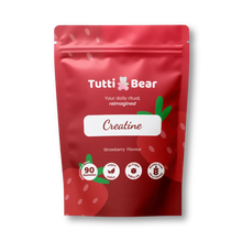 Embalagem flexível vermelha de Gomas de Creatina TuttiBear, sabor a morango, com 90 gomas, apresentada em bolsa com fecho.