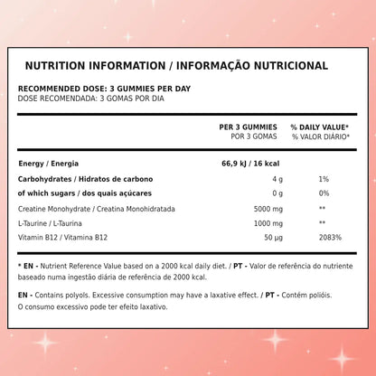 Embalagem flexível vermelha de Gomas de Creatina TuttiBear, sabor a morango, com 90 gomas, apresentada em bolsa com fecho.