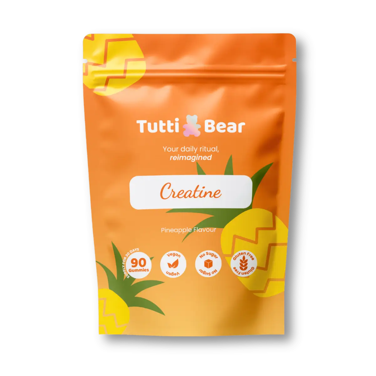 Embalagem flexível vermelha de Gomas de Creatina TuttiBear, sabor a morango, com 90 gomas, apresentada em bolsa com fecho.