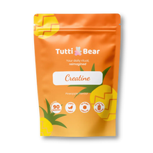 Embalagem flexível vermelha de Gomas de Creatina TuttiBear, sabor a morango, com 90 gomas, apresentada em bolsa com fecho.