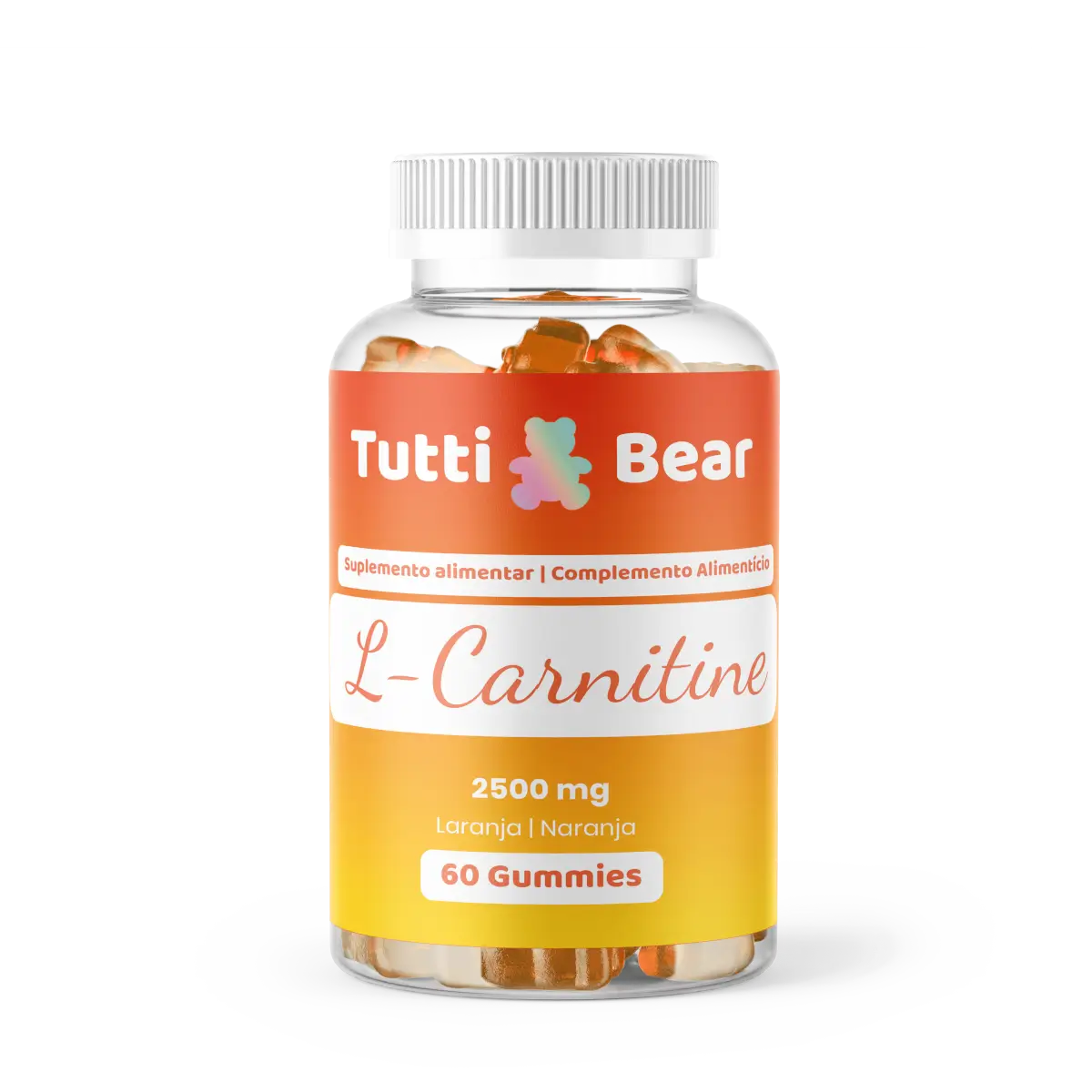 Frasco transparente de Gomas L-Carnitina Tutti Bear, com tampa branca e rótulo laranja e amarelo, contendo 60 gomas sabor a laranja.
