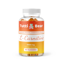 Frasco transparente de Gomas L-Carnitina Tutti Bear, com tampa branca e rótulo laranja e amarelo, contendo 60 gomas sabor a laranja.