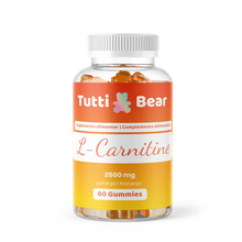 Frasco transparente de Gomas L-Carnitina Tutti Bear, com tampa branca e rótulo laranja e amarelo, contendo 60 gomas sabor a laranja.