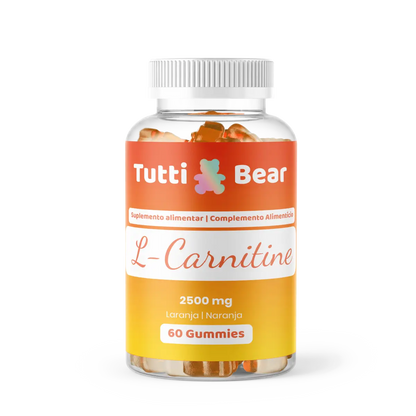Frasco transparente de Gomas L-Carnitina Tutti Bear, com tampa branca e rótulo laranja e amarelo, contendo 60 gomas sabor a laranja.