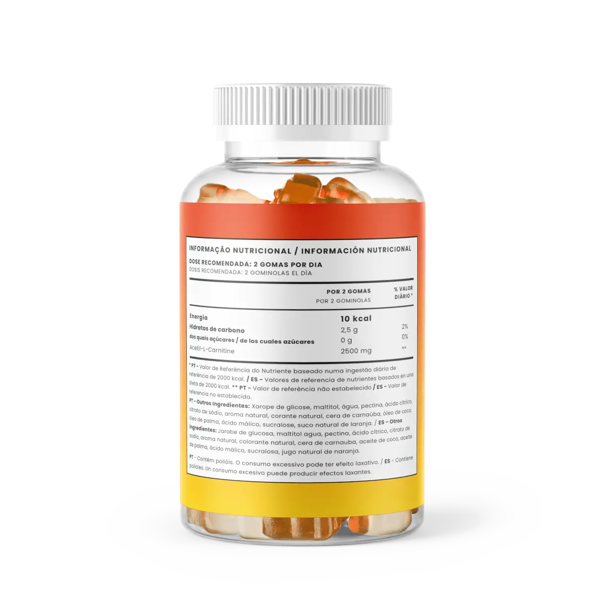 Frasco transparente de Gomas L-Carnitina Tutti Bear, com tampa branca e rótulo laranja e amarelo, contendo 60 gomas sabor a laranja.