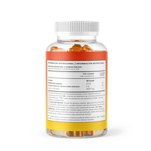 Frasco transparente de Gomas L-Carnitina Tutti Bear, com tampa branca e rótulo laranja e amarelo, contendo 60 gomas sabor a laranja.