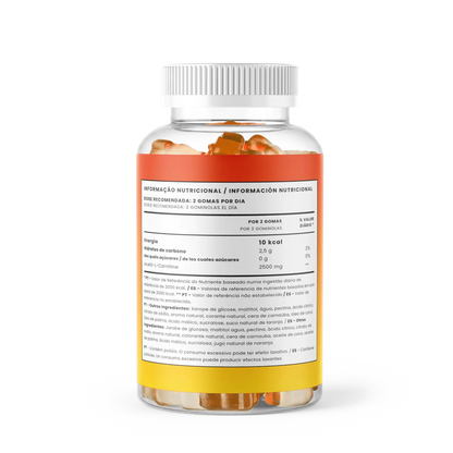 Frasco transparente de Gomas L-Carnitina Tutti Bear, com tampa branca e rótulo laranja e amarelo, contendo 60 gomas sabor a laranja.