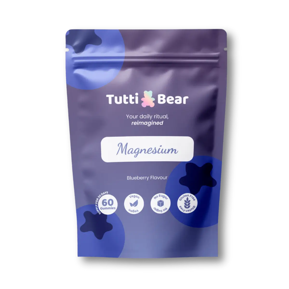 Saqueta roxa de Gomas de Magnésio TuttiBear, sabor a mirtilo, com 60 gomas vegan, sem açúcar e sem glúten.