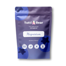 Saqueta roxa de Gomas de Magnésio TuttiBear, sabor a mirtilo, com 60 gomas vegan, sem açúcar e sem glúten.