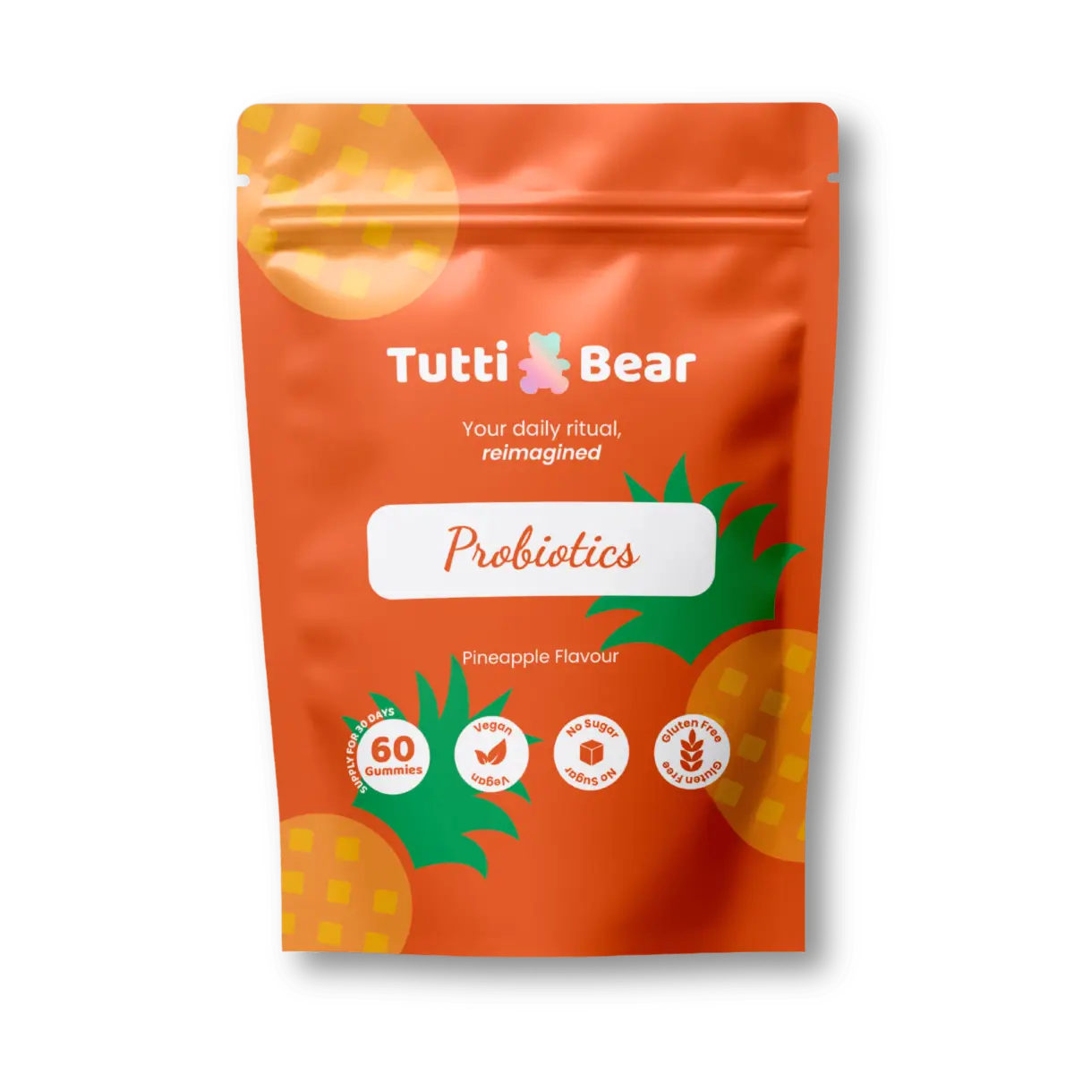 Embalagem laranja em formato de bolsa resselável de Gomas Probióticas TuttiBear, sabor a ananás, com 60 gomas, vegan, sem açúcar e sem glúten.