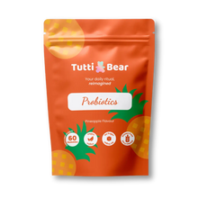 Embalagem laranja em formato de bolsa resselável de Gomas Probióticas TuttiBear, sabor a ananás, com 60 gomas, vegan, sem açúcar e sem glúten.