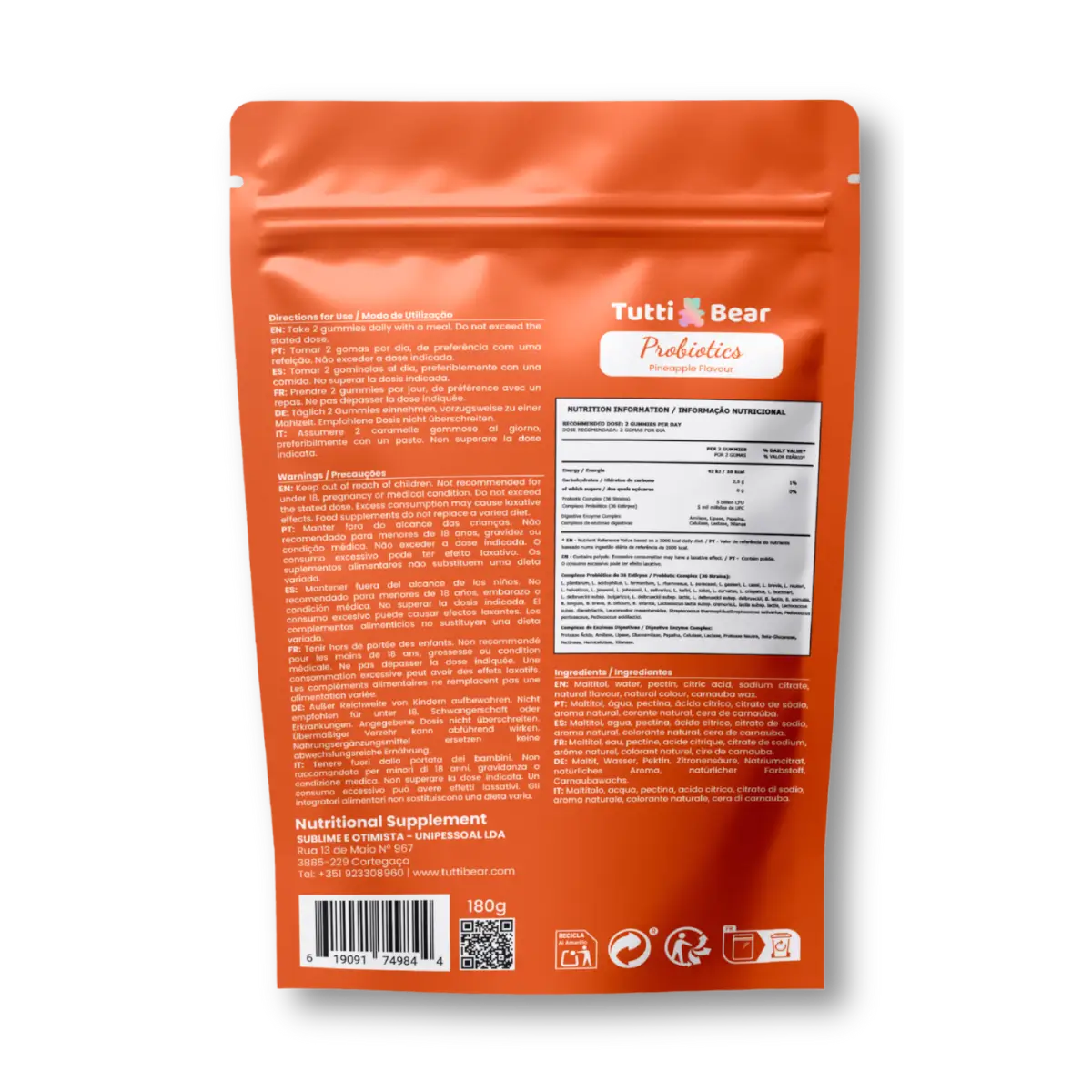 Embalagem laranja em formato de bolsa resselável de Gomas Probióticas TuttiBear, sabor a ananás, com 60 gomas, vegan, sem açúcar e sem glúten.