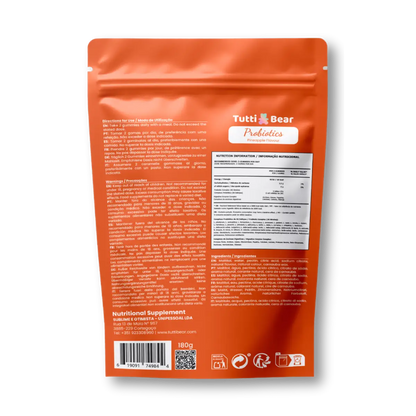Embalagem laranja em formato de bolsa resselável de Gomas Probióticas TuttiBear, sabor a ananás, com 60 gomas, vegan, sem açúcar e sem glúten.