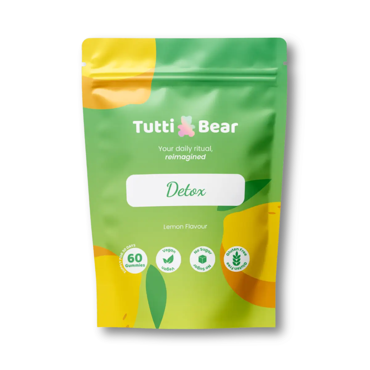 Embalagem flexível verde e amarela de Gomas Detox TuttiBear, sabor a limão, com 60 gomas veganas sem açúcar e sem glúten.