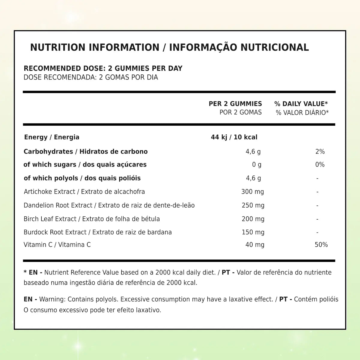 Embalagem flexível verde e amarela de Gomas Detox TuttiBear, sabor a limão, com 60 gomas veganas sem açúcar e sem glúten.