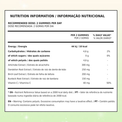 Embalagem flexível verde e amarela de Gomas Detox TuttiBear, sabor a limão, com 60 gomas veganas sem açúcar e sem glúten.
