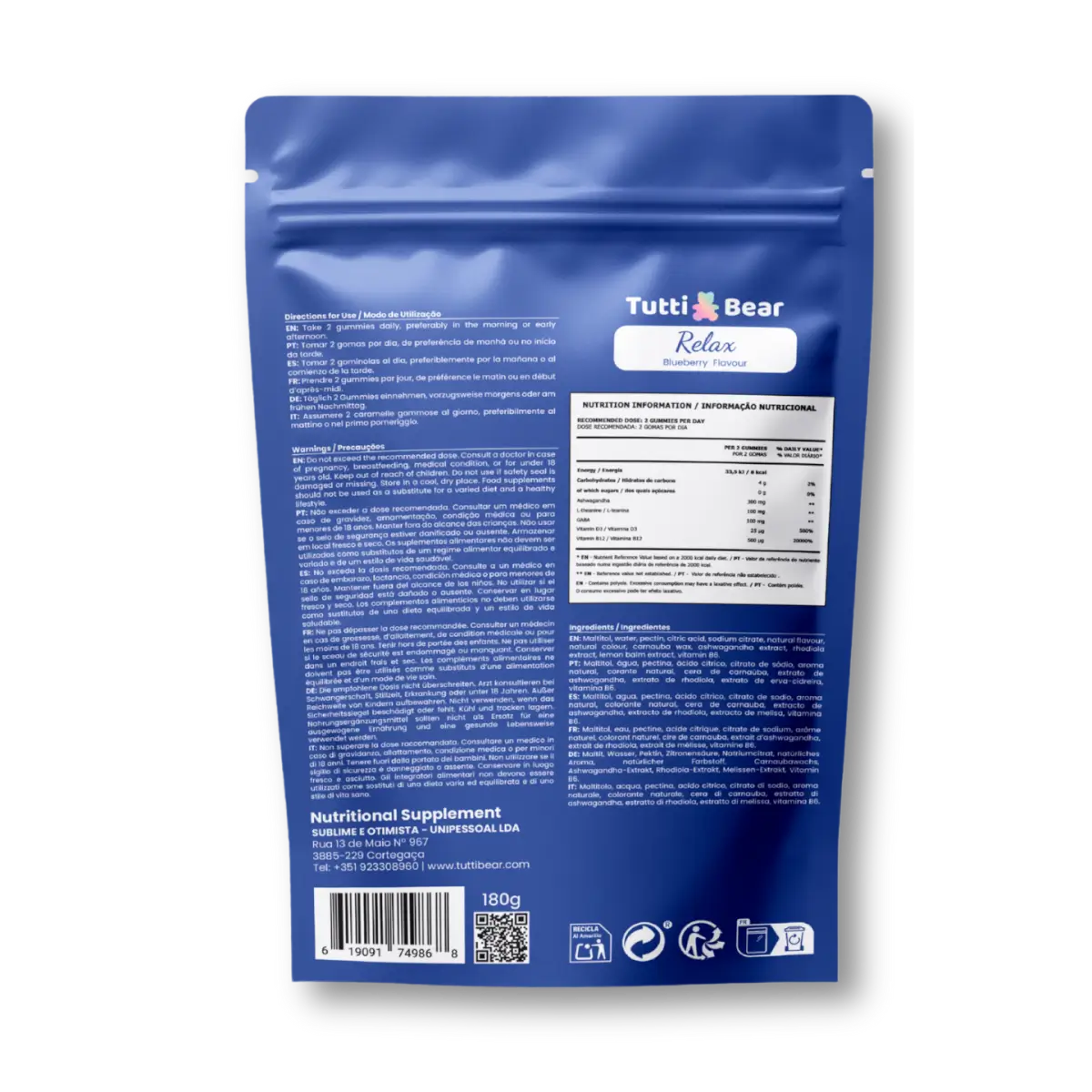 Embalagem azul de Tutti Bear Relax, suplemento alimentar em 60 gomas vegan com sabor a mirtilo.