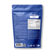 Embalagem azul de Tutti Bear Relax, suplemento alimentar em 60 gomas vegan com sabor a mirtilo.