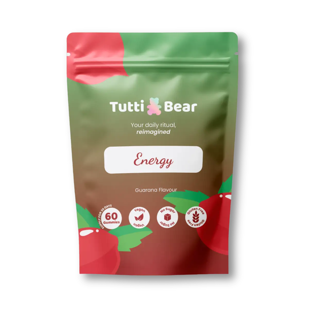 Embalagem flexível TuttiBear Energy de gomas de energia, com sabor a guaraná, contendo 60 gomas.
