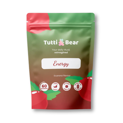 Embalagem flexível TuttiBear Energy de gomas de energia, com sabor a guaraná, contendo 60 gomas.