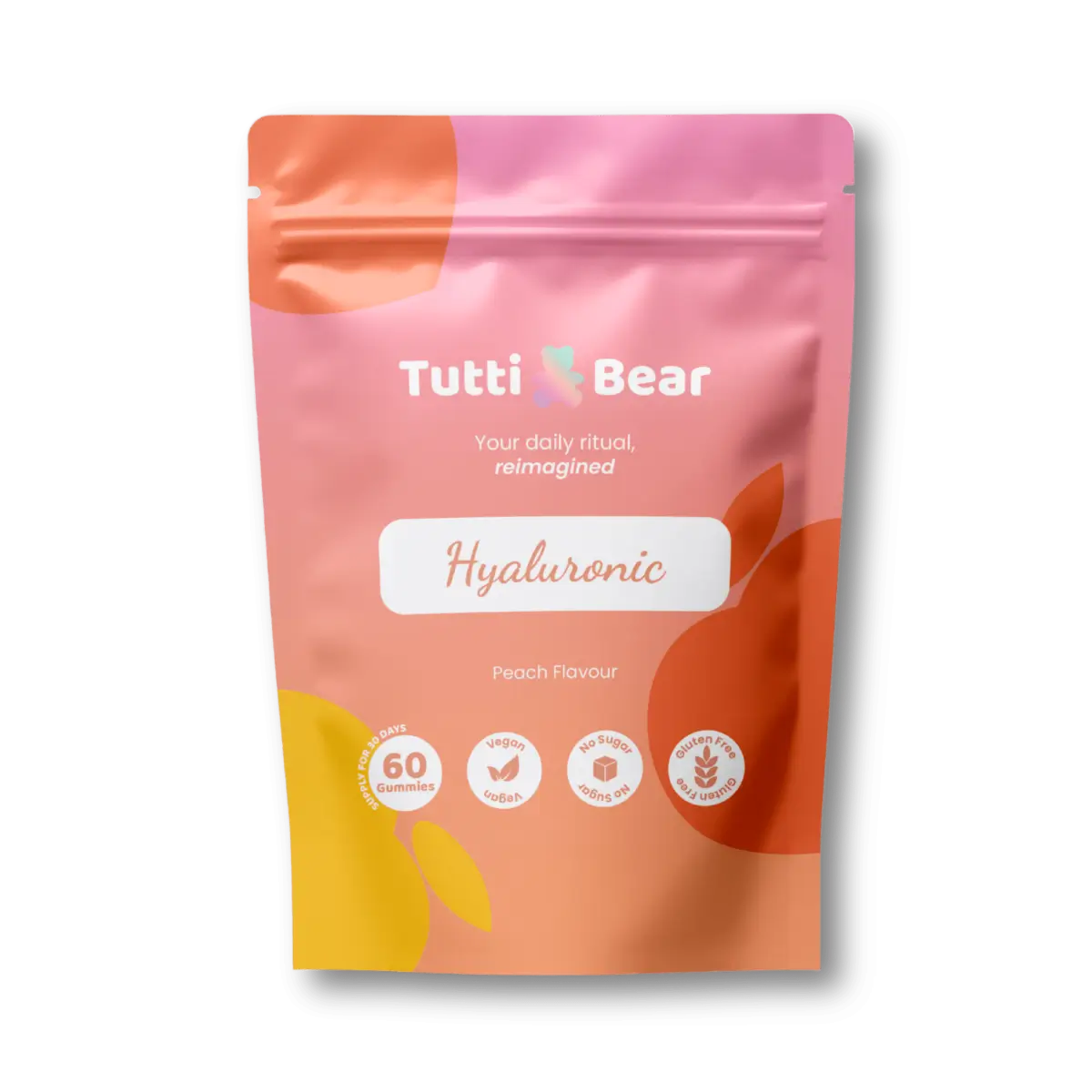 Embalagem rosa e coral de Gomas de Ácido Hialurónico TuttiBear, em bolsa com fecho, sabor a pêssego, 60 gomas.