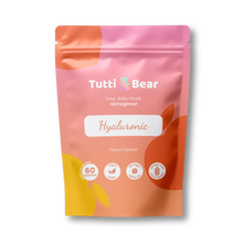 Embalagem rosa e coral de Gomas de Ácido Hialurónico TuttiBear, em bolsa com fecho, sabor a pêssego, 60 gomas.