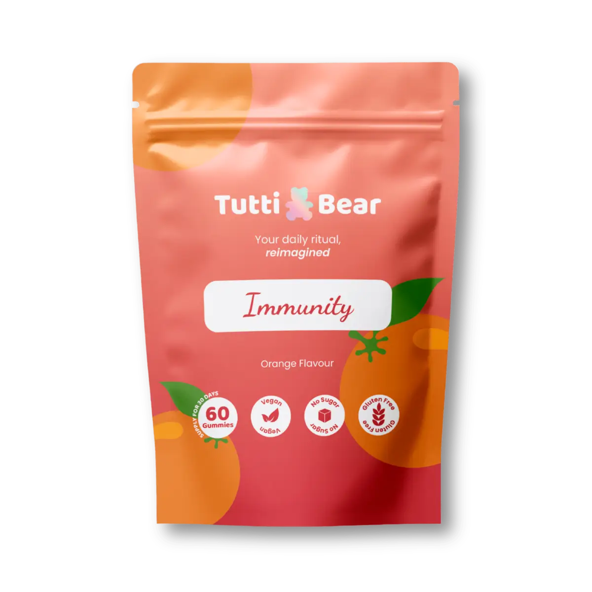 Embalagem flexível rosa e laranja de Gomas de Imunidade TuttiBear, sabor a laranja, com 60 gomas veganas.