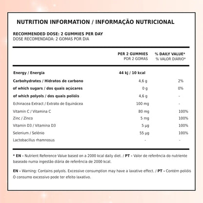 Embalagem flexível rosa e laranja de Gomas de Imunidade TuttiBear, sabor a laranja, com 60 gomas veganas.